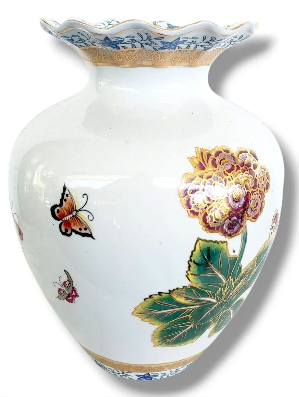 Vintage Porcelain Floral Vase Butterfly Gold Gilt Scalloped Hand Painted Asian